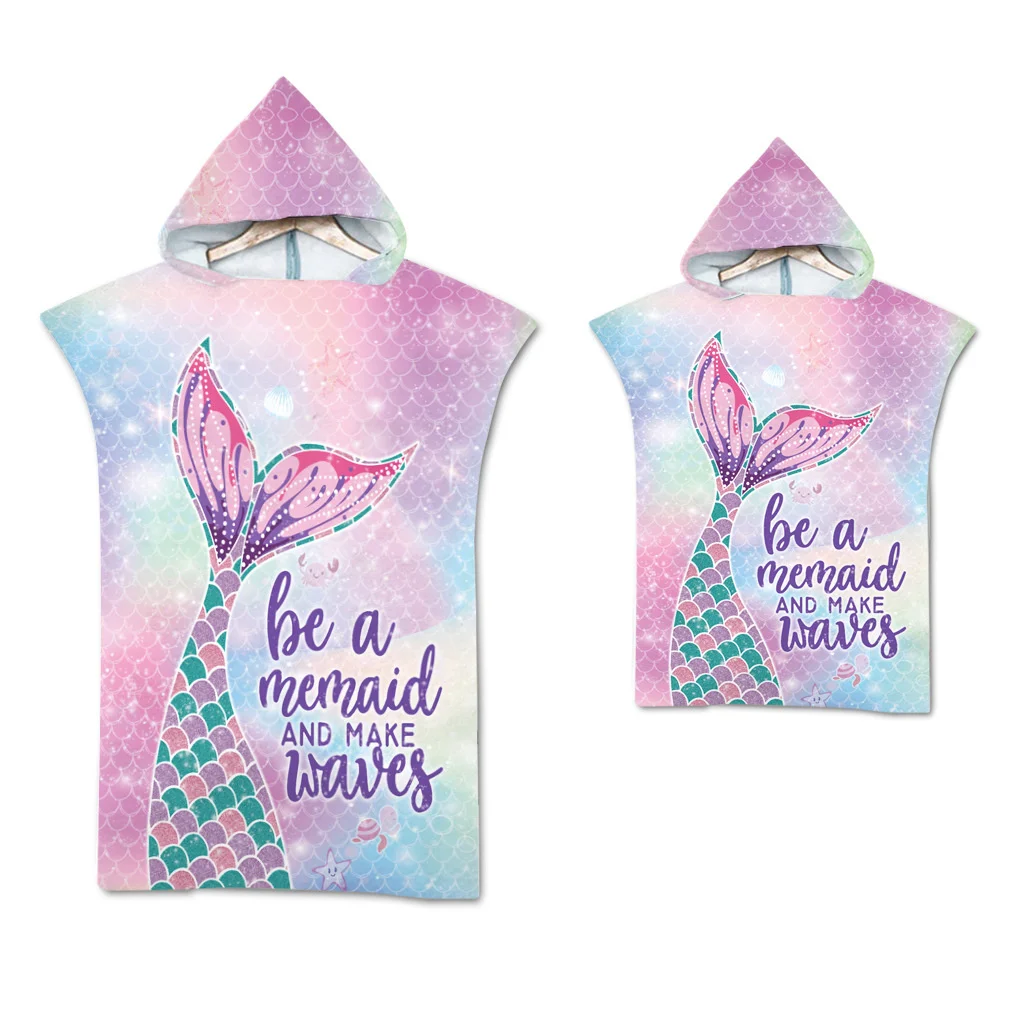 Mermaid Microfiber Quick Dry Large Beach Bath Towel Hooded Cloak Wetsuit Adult Kids Parent-Child Poncho Bathrobe for Swim Surf