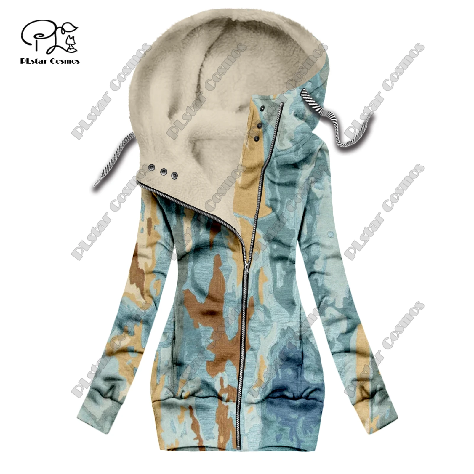 New 3D printing retro series carpet print pattern plus velvet warm women's long zipper hoodie jacket commuting casual winter F-9