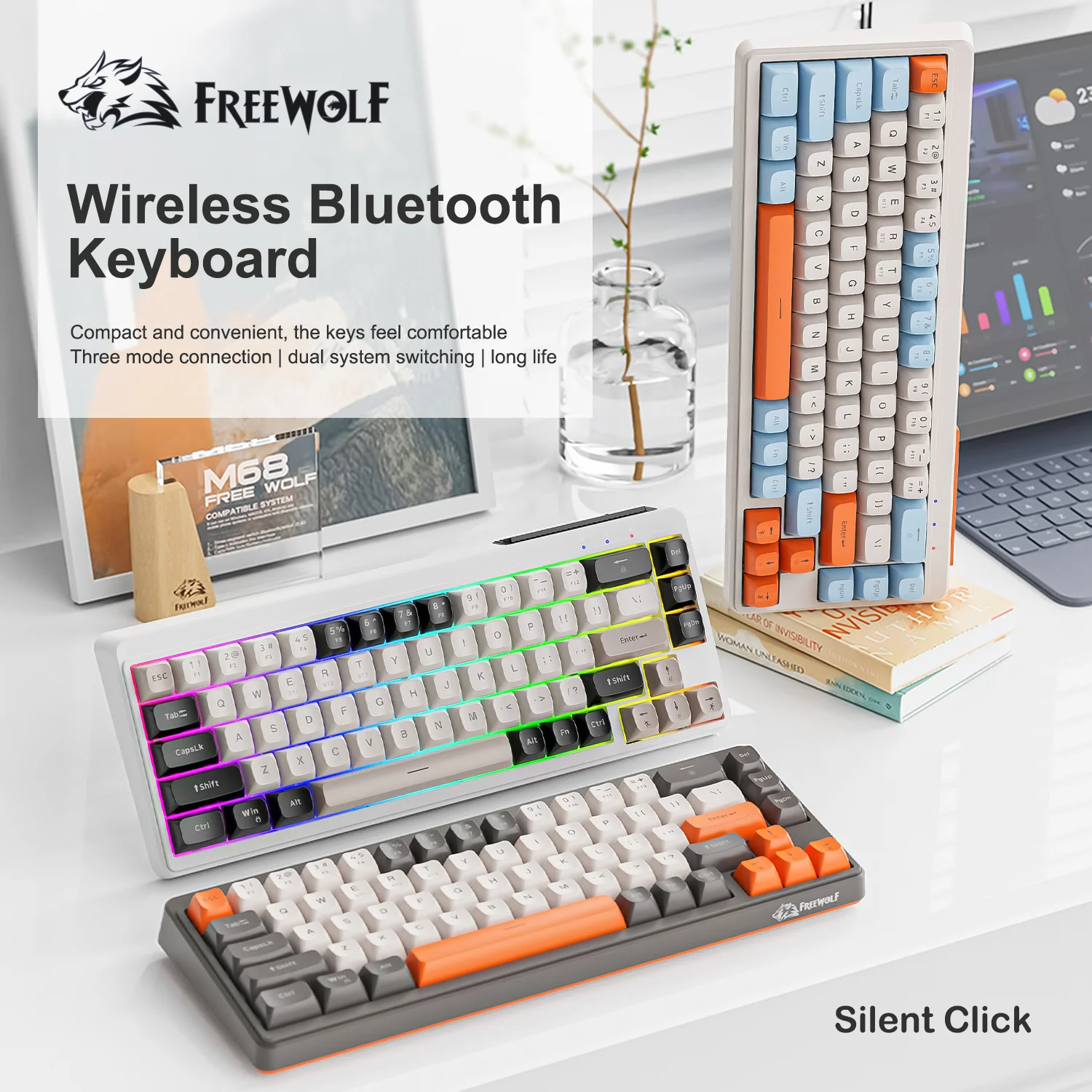 프리울프 M68 68키 무선 키보드 마우스 콤보, PBT RGB 트라이 모드 블루투스/2.4G/유선 키보드, 무소음 키보드 마우스 세트