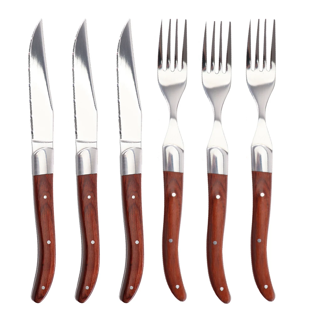 

Jaswehome 6pcs Steak Knives Fork Set Stainless Steel Cutlery Red Pakkawood Dinner Knife and Forks Wooden Handle Dinnerware Sets