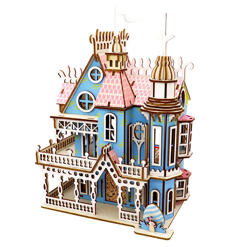 3D DIY Wooden Three-dimensional Hut Villa Puzzle Board Handmade Building Model Children Adult Game Party Toys House Kids Gift 4