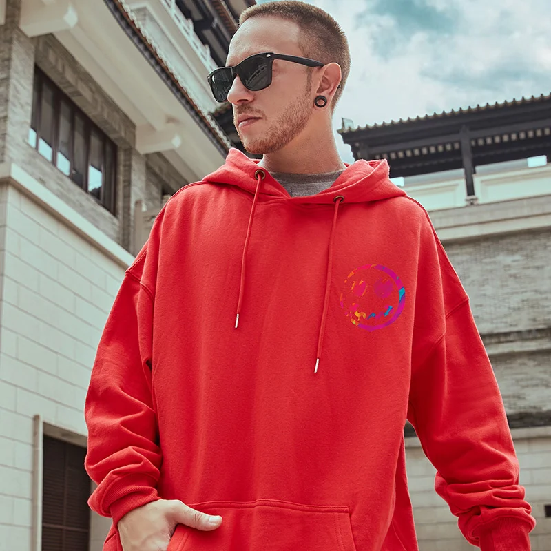Abfer Winter Hoodie Smile Face Print Fleece Hooded Sweatshirts Streetwear Men Hip Hop Oversized Hoodie Casual Pullover Male Tops