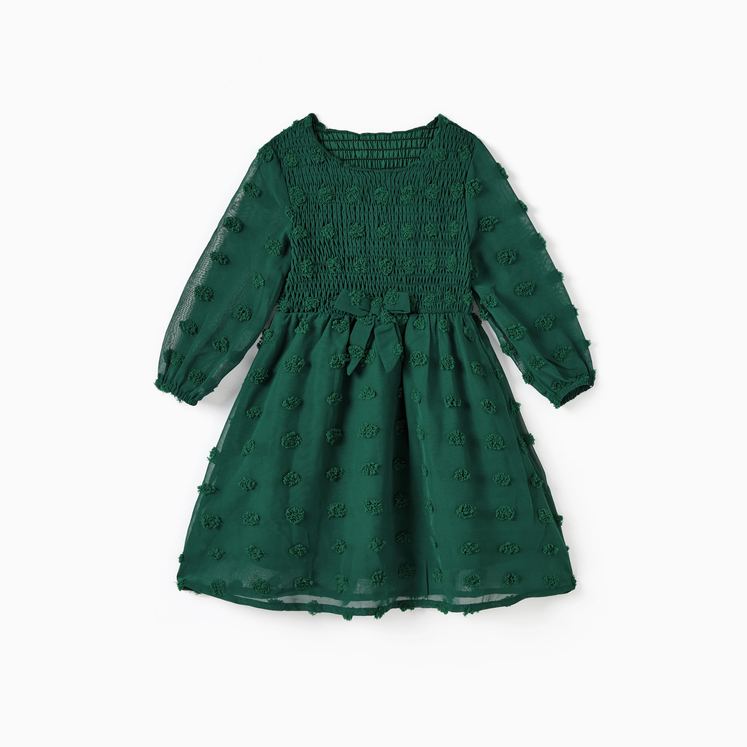 Vestidos de novia con diseño fruncido y mangas largas con lunares suizos verdes de PatPat para mamá y yo
