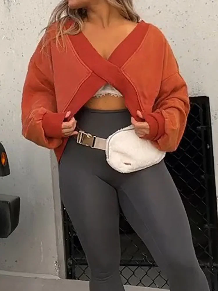 Long Sleeve Sexy V-Neck Women Pullovers 2023 Autumn Winter Loose Hollow Solid Patchwork Ladies Hoodies Streetwear Dropshipping