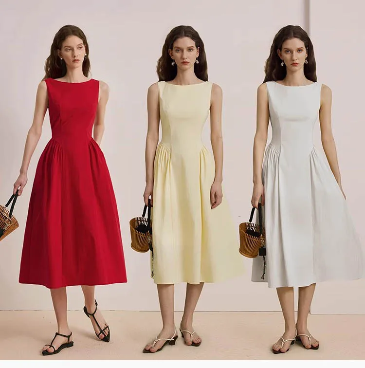 AEL Sommerkleider für Damen, elegante Kleidung, ärmellos, O-Ausschnitt, schmales langes Kleid, A-Linie – Detail 1