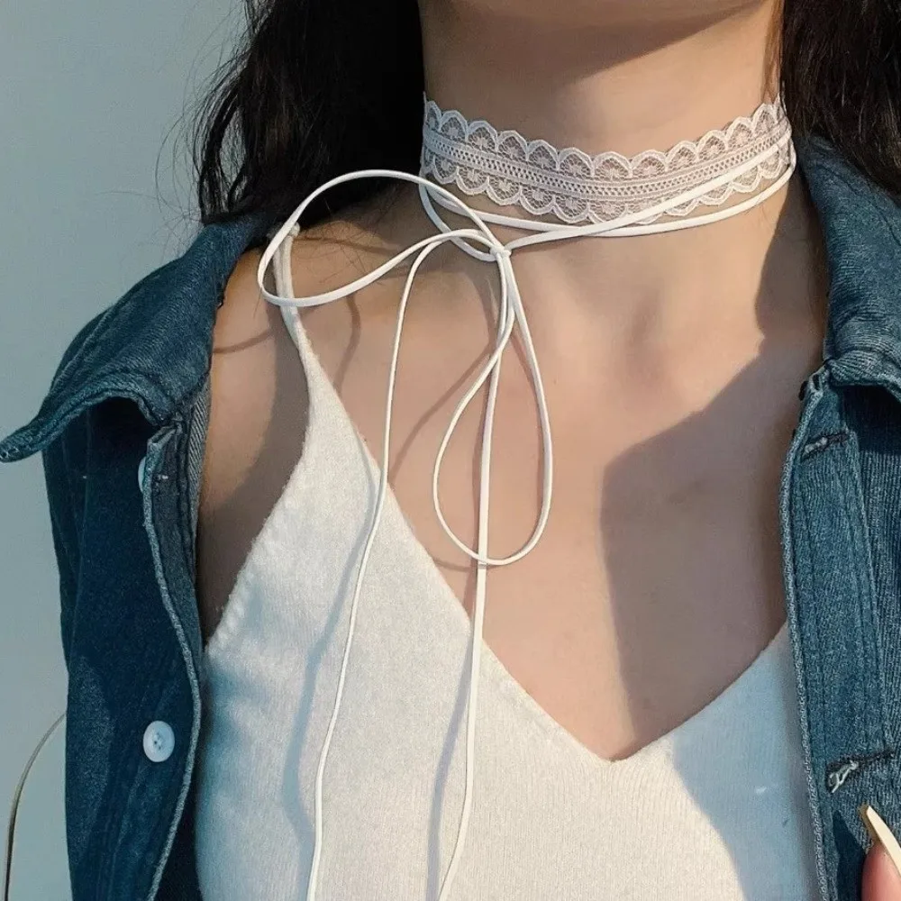 Sweet Gothic Lace Choker Necklace Stacked Ballet Style Lace Strap Necklace Layered Design Y2k Silk Scarf Jewelry - Image 2