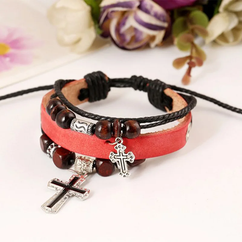 Retro Punk Kreuz Schicht Armband Für Mann Hand Gewebt Rindsleder Einstellbare Perlen Armband Unisex Zubehör Christian Schmuck – Detail 11