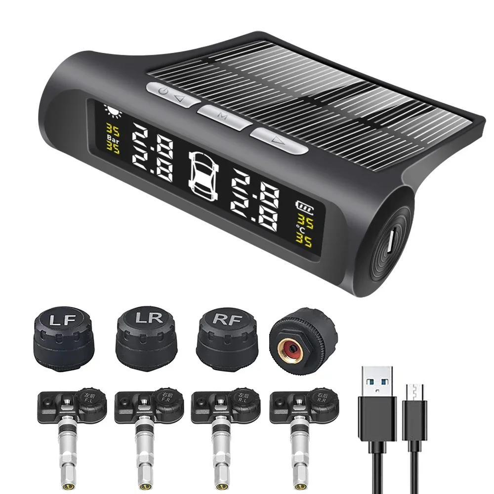 

Car TPMS Sensor Solar Tire Pressure Gauge 4 Sensors Alarm Automotive Tire Pressure Monitoring System Wheel Pressure Security New