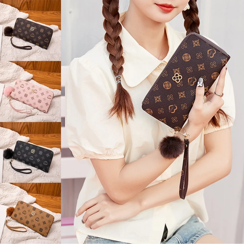 

Вместительный женский длинный кошелек, портативный пушистый клатч с украшением в виде мяча и принта, Длинный кошелек из искусственной кожи на молнии, кошелек для монет