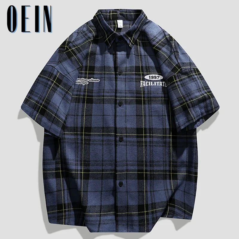 

2023 New Cotton Men Casual Plaid Shirt Short Sleeved Korean Style Fashion Striped Loose Harajuku Clothes Streetwear Blouses Tops