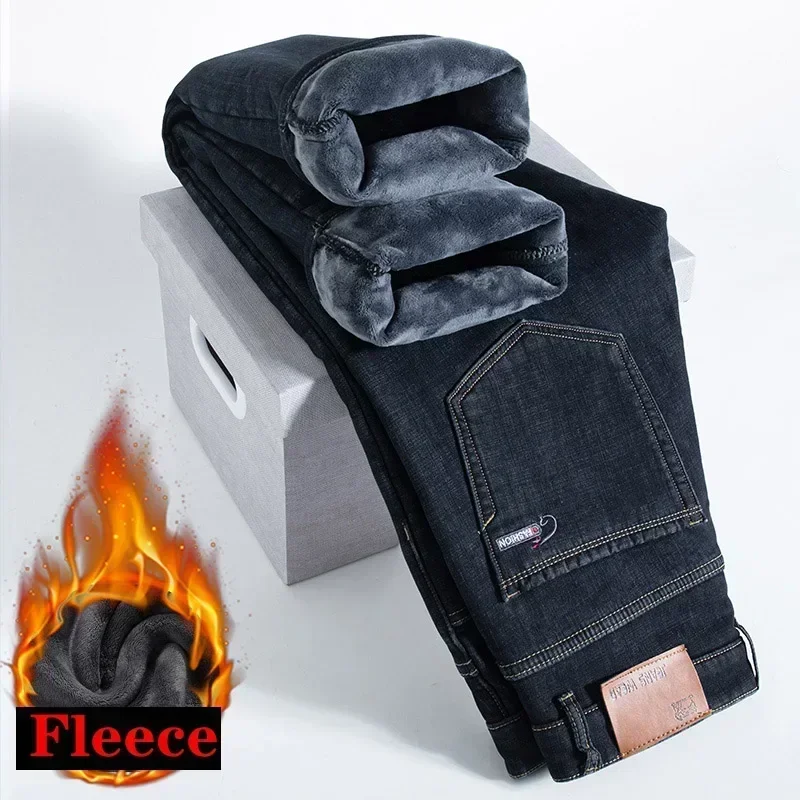 High Quality Men Fleece Jeans Business Casual Slim Straight Denim Trousers Autumn Winter New Plus Size Thickened Warm Men Pants