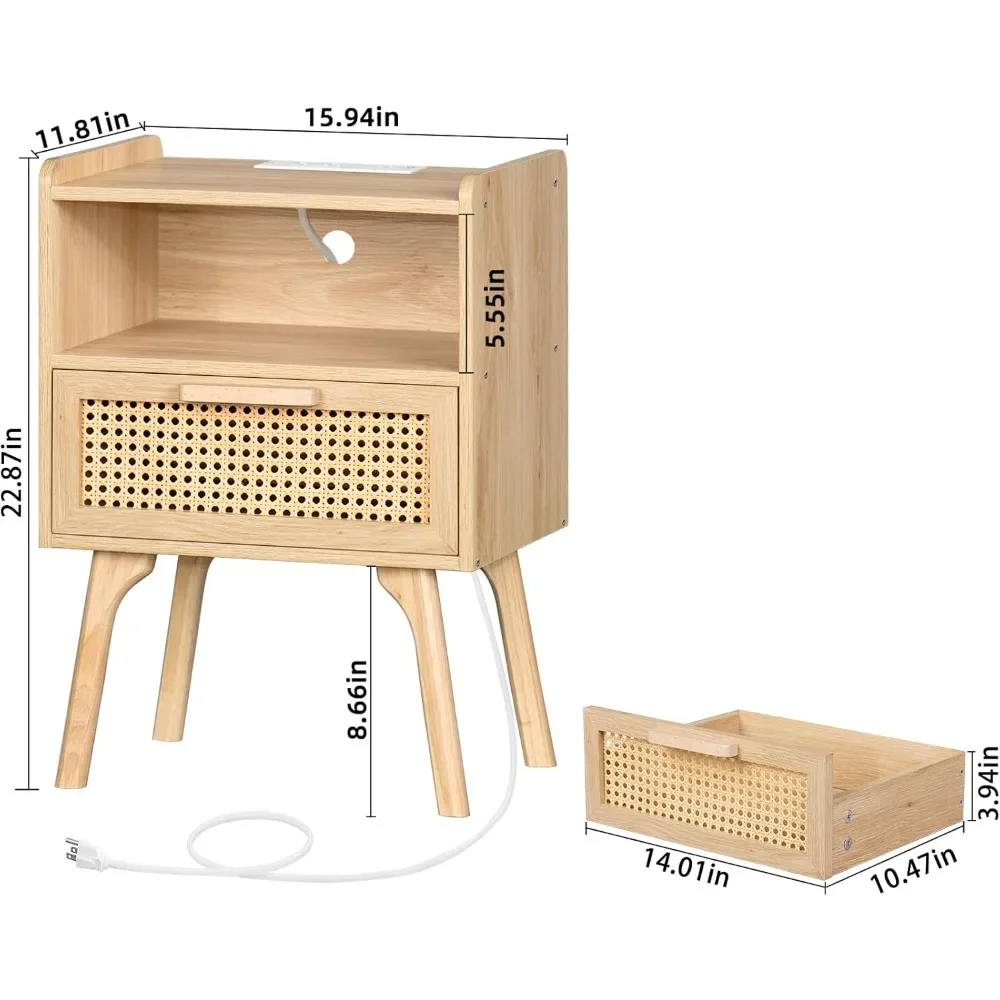 Rattan Nightstands Set of 2 with Charging Station, Boho Side Table with Drawer Open Shelf, Cane Accent Bedside End Table with S