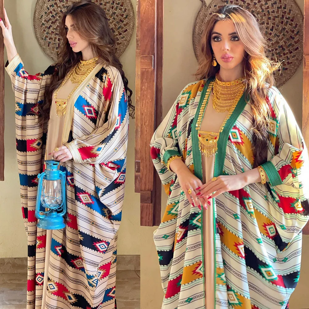 

Two Pieces Muslim Abaya Dress Set Colorful Geometric Stripes Print Moroccan Kaftan Dubai Turkey Arab Oman Qatar Robe Islamic