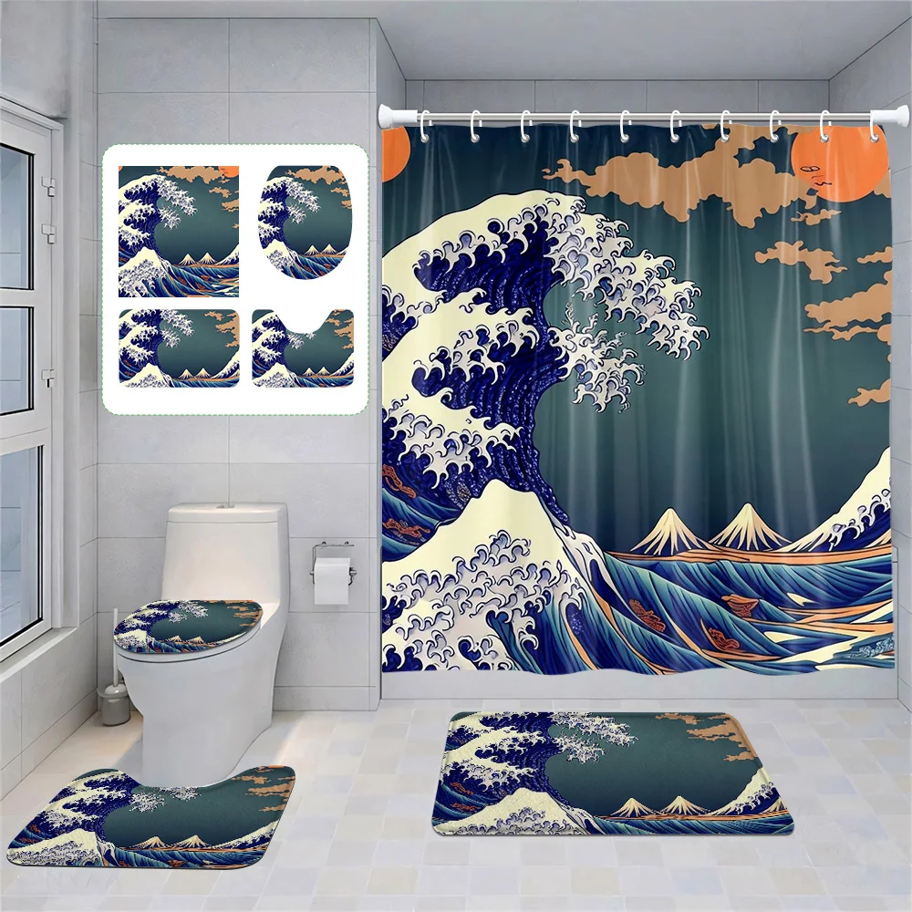 Japanese Style Retro Landscape Shower Curtain Bathroom Partition Curtain  bathroom set with shower curtain and rugs 3