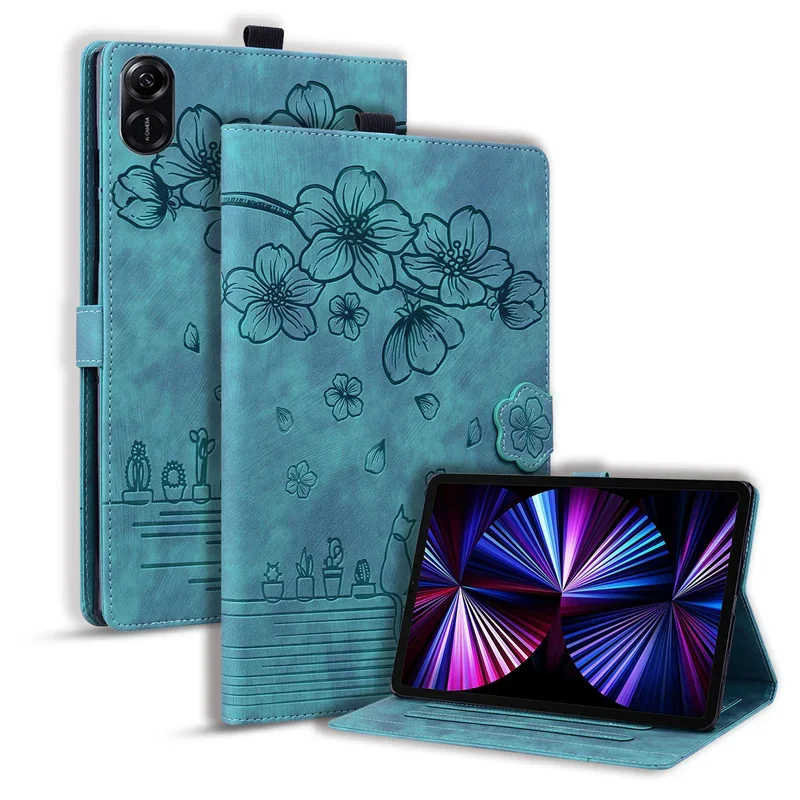 Cat & Flowers Embossed Stand Flip Tablet Case