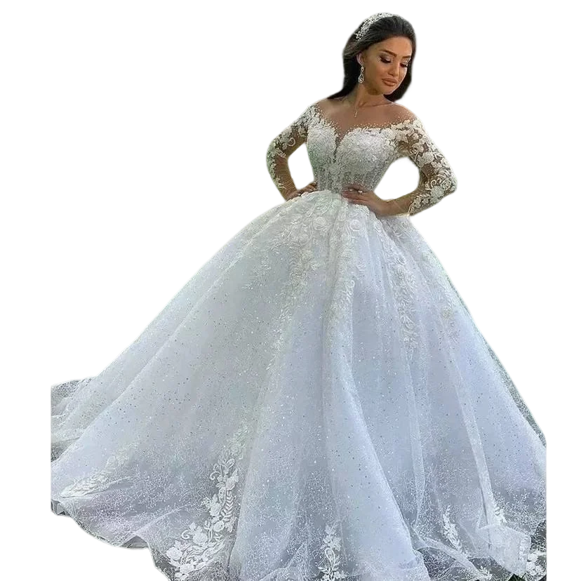 

Роскошные садовые Свадебные платья с круглым вырезом и длинными рукавами, кружевное бальное платье с аппликациями, Robe De Mariage с бусинами
