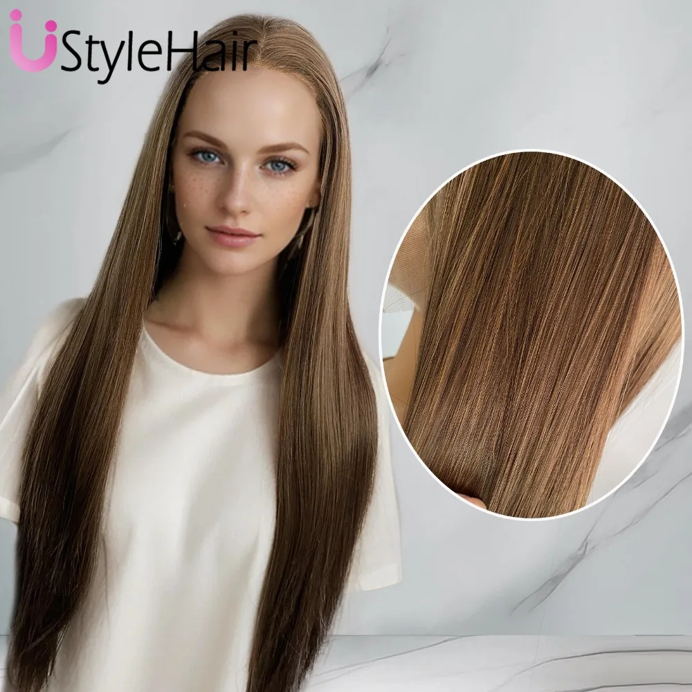 Synthetic wig UStyleHair Brown Wig Lace Front Mix Color Long Silky Straight Synthetic Lace Wig Natural Hairline Daily Use Cosplay Party Wigs