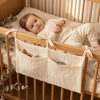 Borsa portaoggetti per lettino per bambini, in cotone a doppio strato, tinta unita, con doppia tasca, da appendere al lettino, prodotti per l'organizzazione del lettino.