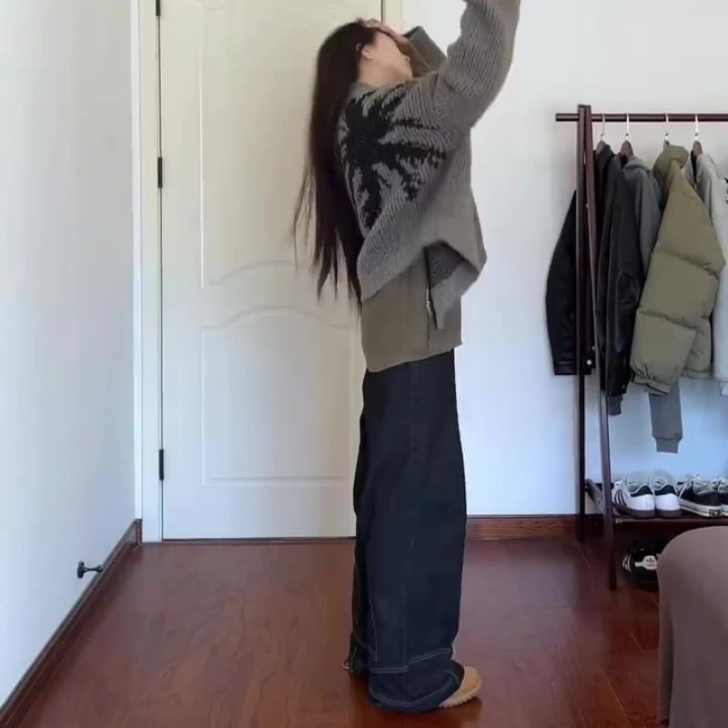 여성용 아메리칸 레트로 하이 스트리트 청바지, 세련된 다리 디자인, 워싱 하이웨이스트 슬리밍 와이드 레그 팬츠, y2k