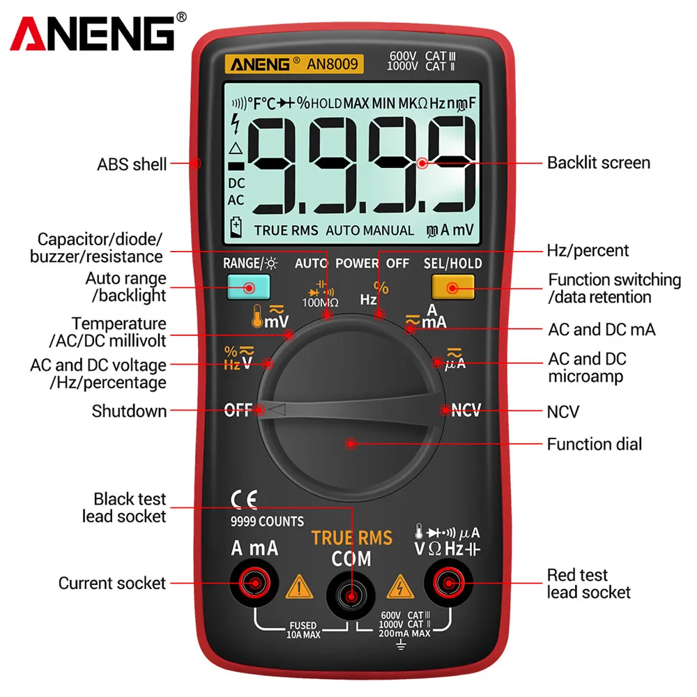 Digital Multimeter ANENG AN8008/AN8009 Mini Digital Multimeter rm 409b double fuse auto-range medidor el&eacute;ctricoTrue-RMS Transistor Capacitor Teste