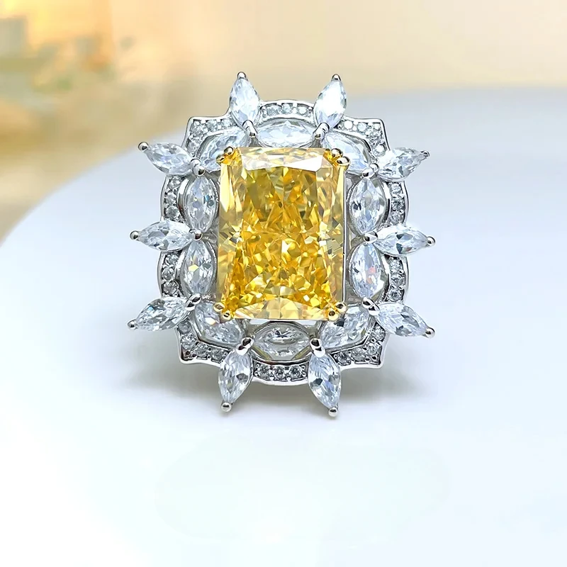 Fashionable European and American style retro banquet yellow diamond blue diamond ring 925 silver high-end wedding jewelry