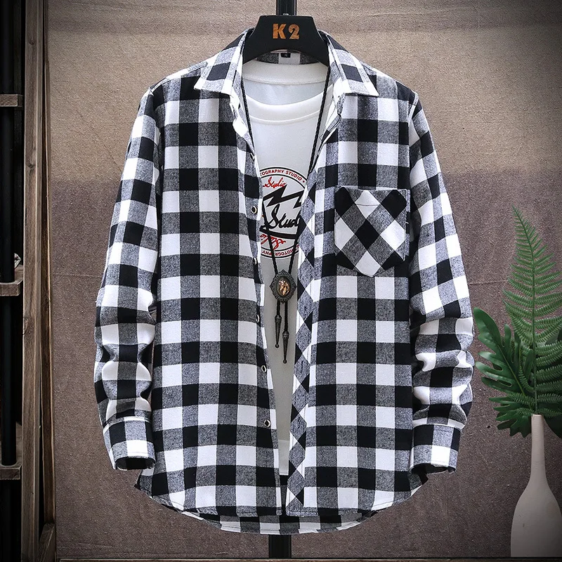 

Plus Size Men's Casual Polo Shirt Plaid Loose Fitting Long Sleeve Shirt Jacket
