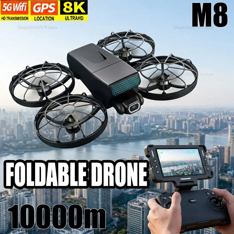 Nuovi Droni M8 GPS 8K Professionali HD 360 ° Quadricottero Pieghevole con Doppia Fotocamera, 5G WIFI, Motori Brushless, Evitamento Ostacoli, FPV