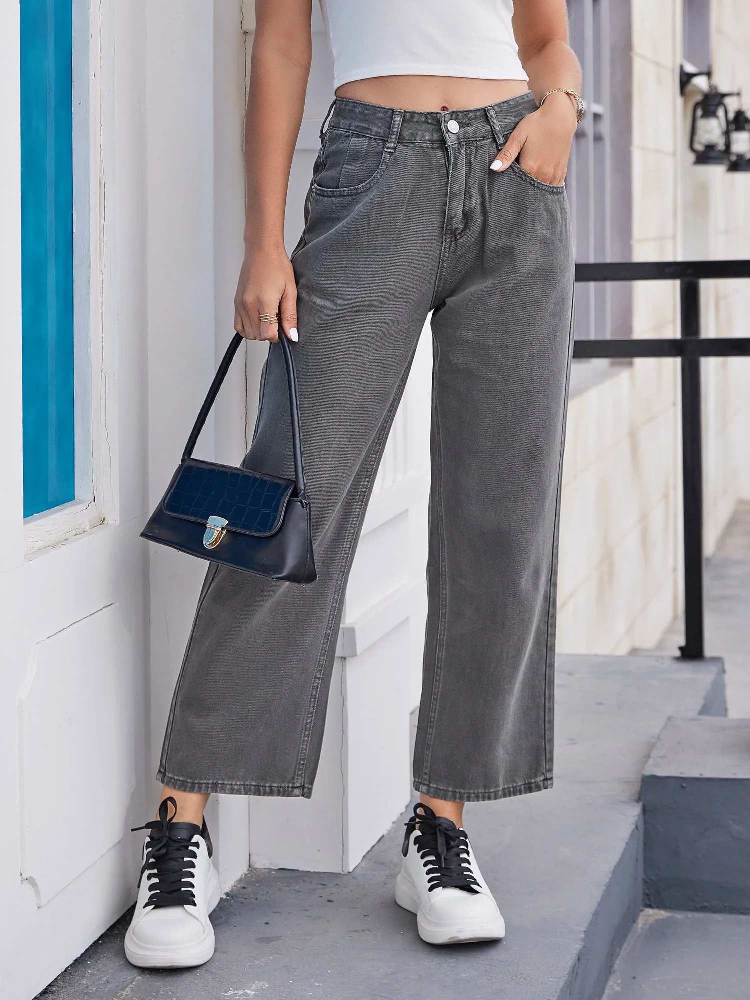 Gray Woman Straight Jeans | Gray Jeans Straight Leg | Womens