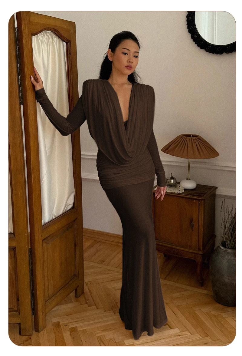 PB Elegantes weißes, langärmliges, drapiertes Meerjungfrauenkleid mit V-Ausschnitt für Frauen, gerüscht, elegante Abendparty, schwingender Kragen, langes Damenkleid – Detail 17