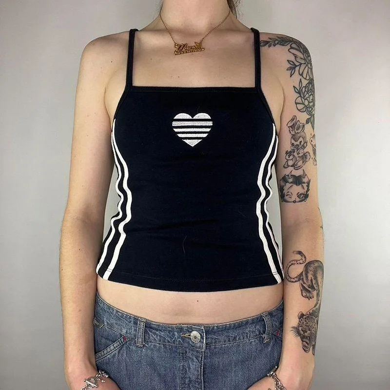 

Gothic Heart Print Stitch Tank Top Summer White Tops For Women 2023 Backless Slim Sleeveless Camisole Cropped Tops