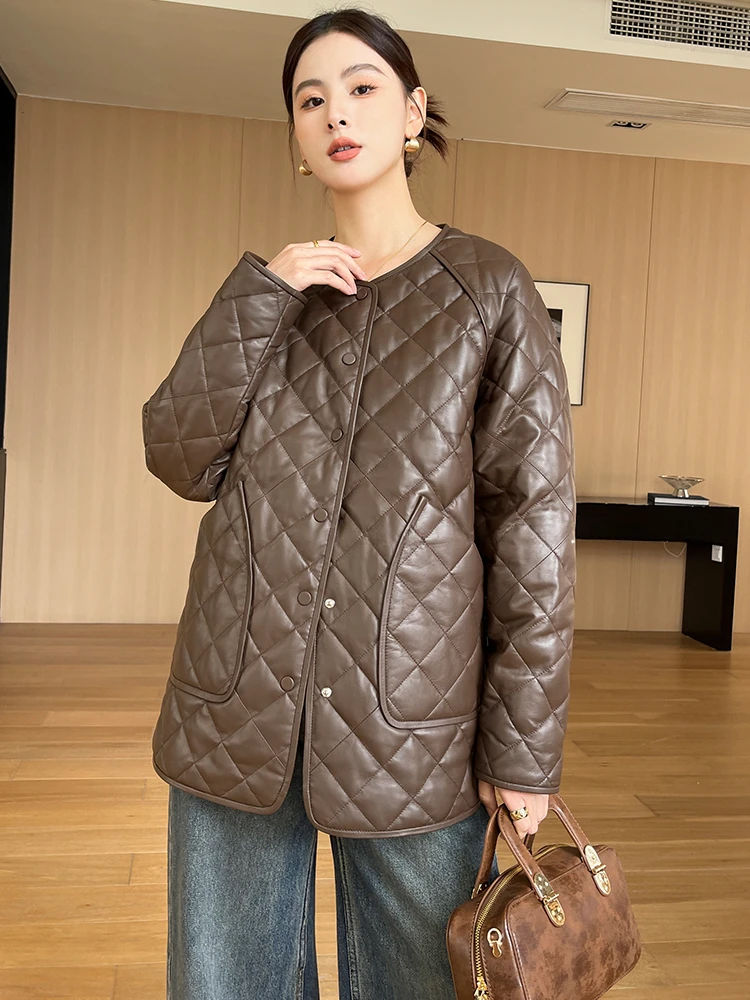 

Casual Simple O-neck Natural Sheepskin Down Coat Women 2024 New Trend High-end Diamond Plaid Winter Genuine Leather Jacket