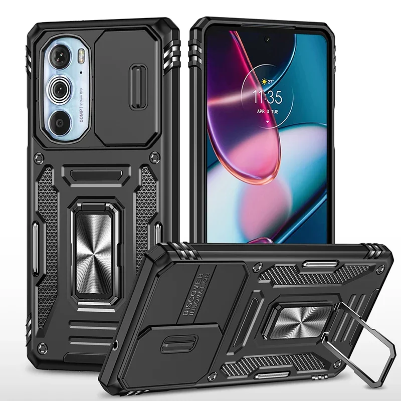 Armor Shockproof Phone Case with Sliding Window Lens Protection and Metal Ring Holder Back Cover