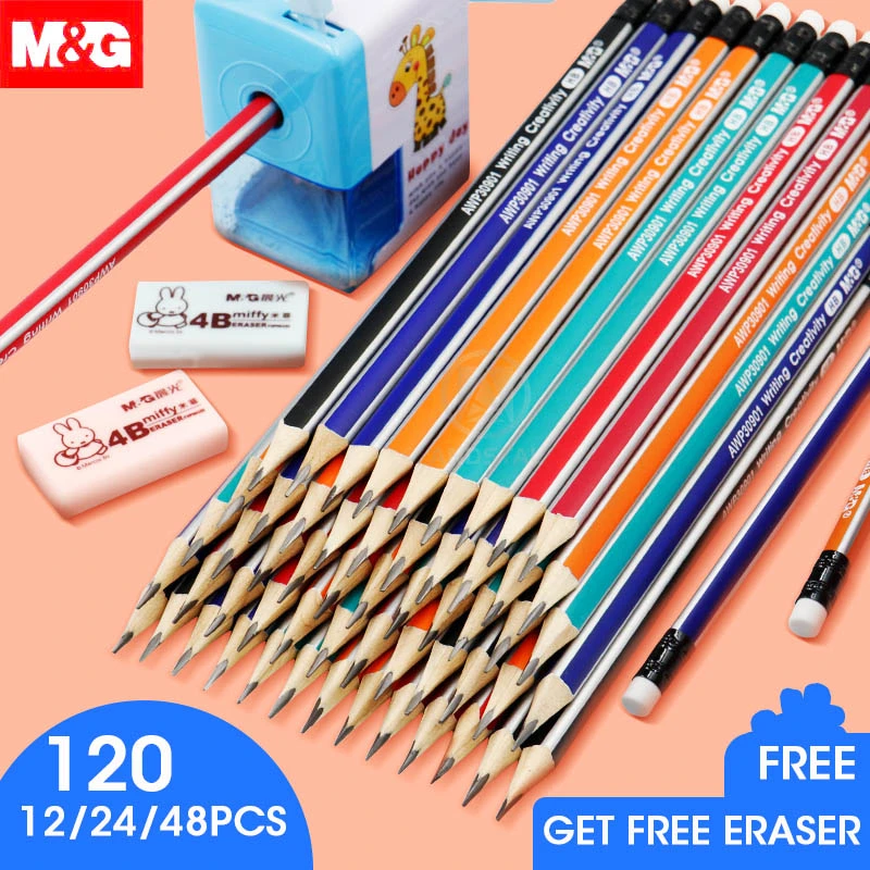 M&G 12/24/48/120pcs Triangular HB Wood Pencil With Eraser Pre Sharpened