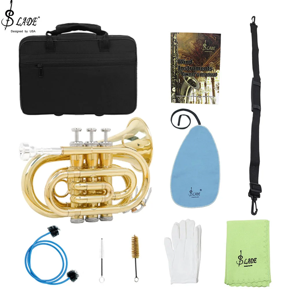 Mini Pocket Trumpet Bb Tune Gold Brass Body Trumpet Playing Instrument with Back Strap Glove Wipe Cloth Headpiece Brush Rope