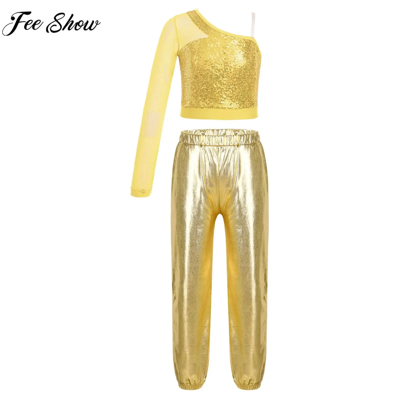 

Children Girls Hip Hop Jazz Street Dance Cheerleading Stage Performance Costume One Shoulder Sequin Crop Top with Metallic Pants