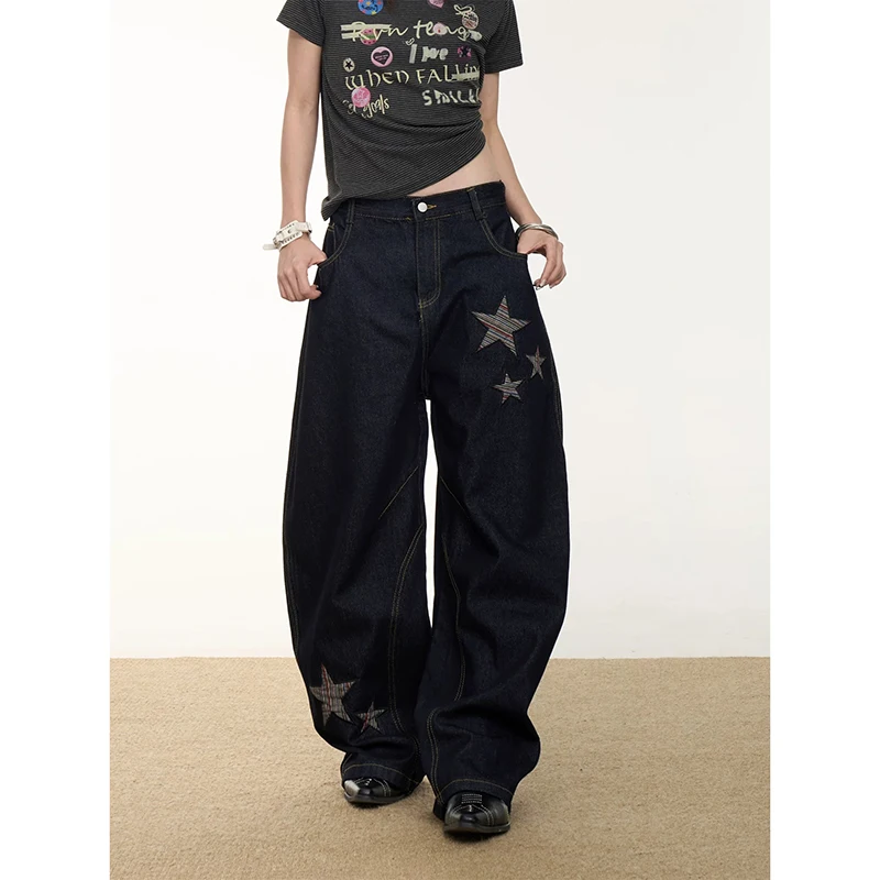 YIBASHU Women Vintage Baggy Black Star Jeans High Waist Denim Trousers 2000s Y2k Harajuku Aesthetic Wide Pants Trashy Clothes 5