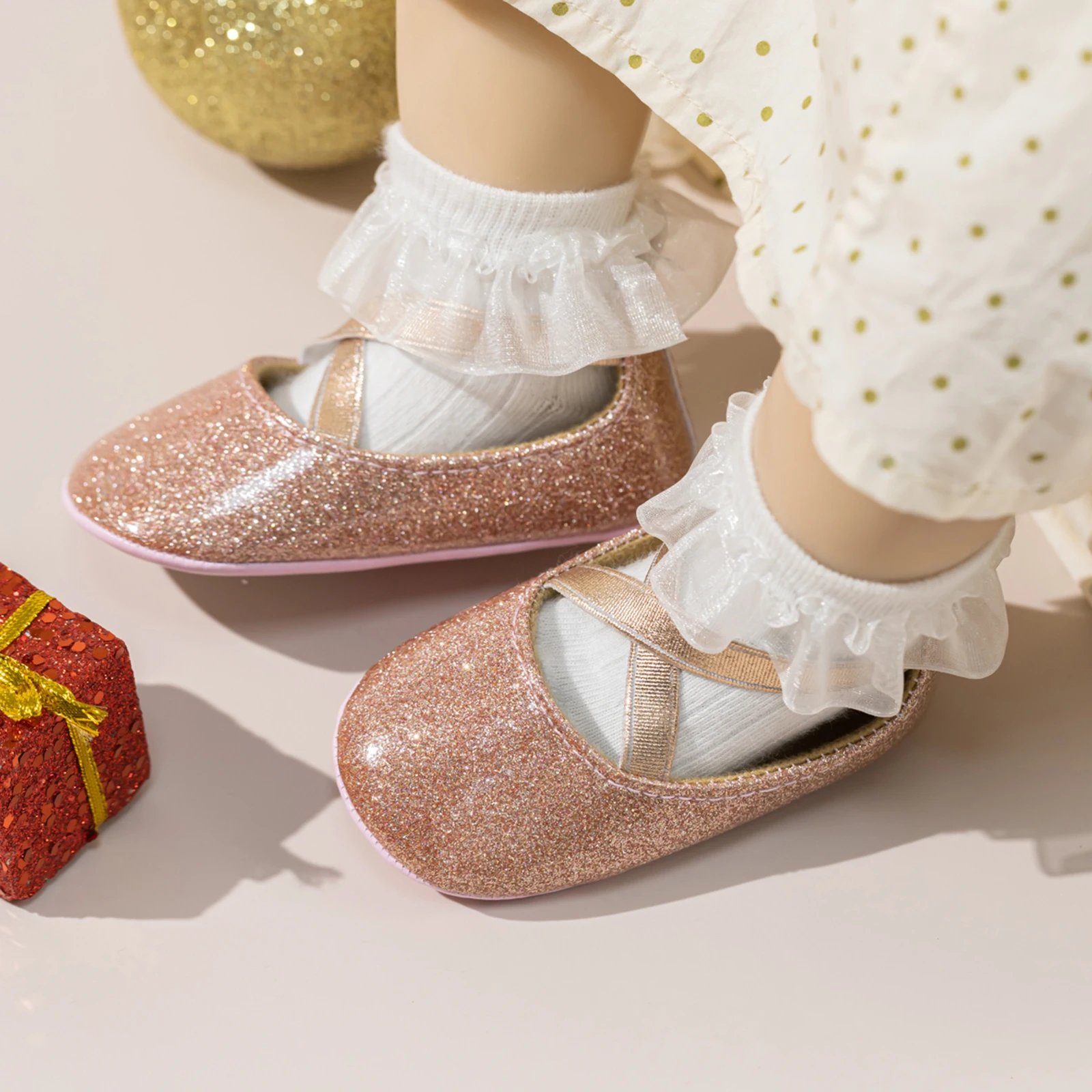 MISOWMNJOY PU Baby Girls Princess Shoes Cross Front Glitter Paillette Adorable Non-Slip First Walking Soft Sole First Walkers