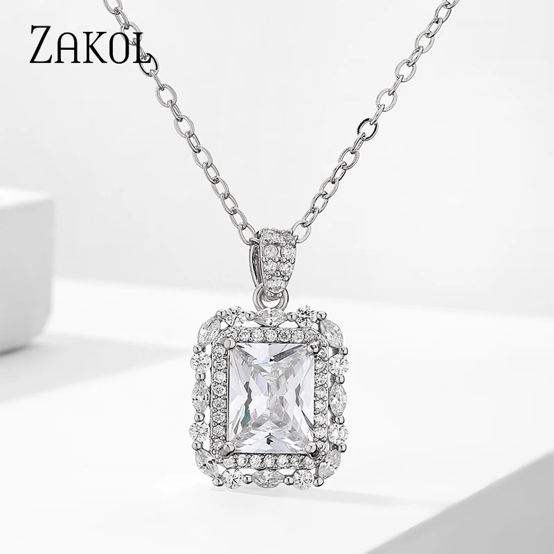 ZAKOL Simple Shiny AAA Cubic Zirconia Rectangle Pendant Necklaces Glamour Bridal Wedding Chain Necklace Fashion Jewelry NP1018 3