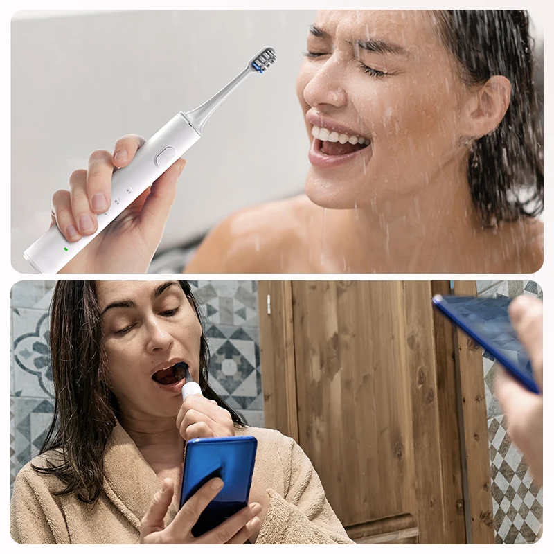 MeeGoo 소닉 전동 칫솔, USB 충전식, IPX7 방수, 성인용 스마트 타이..