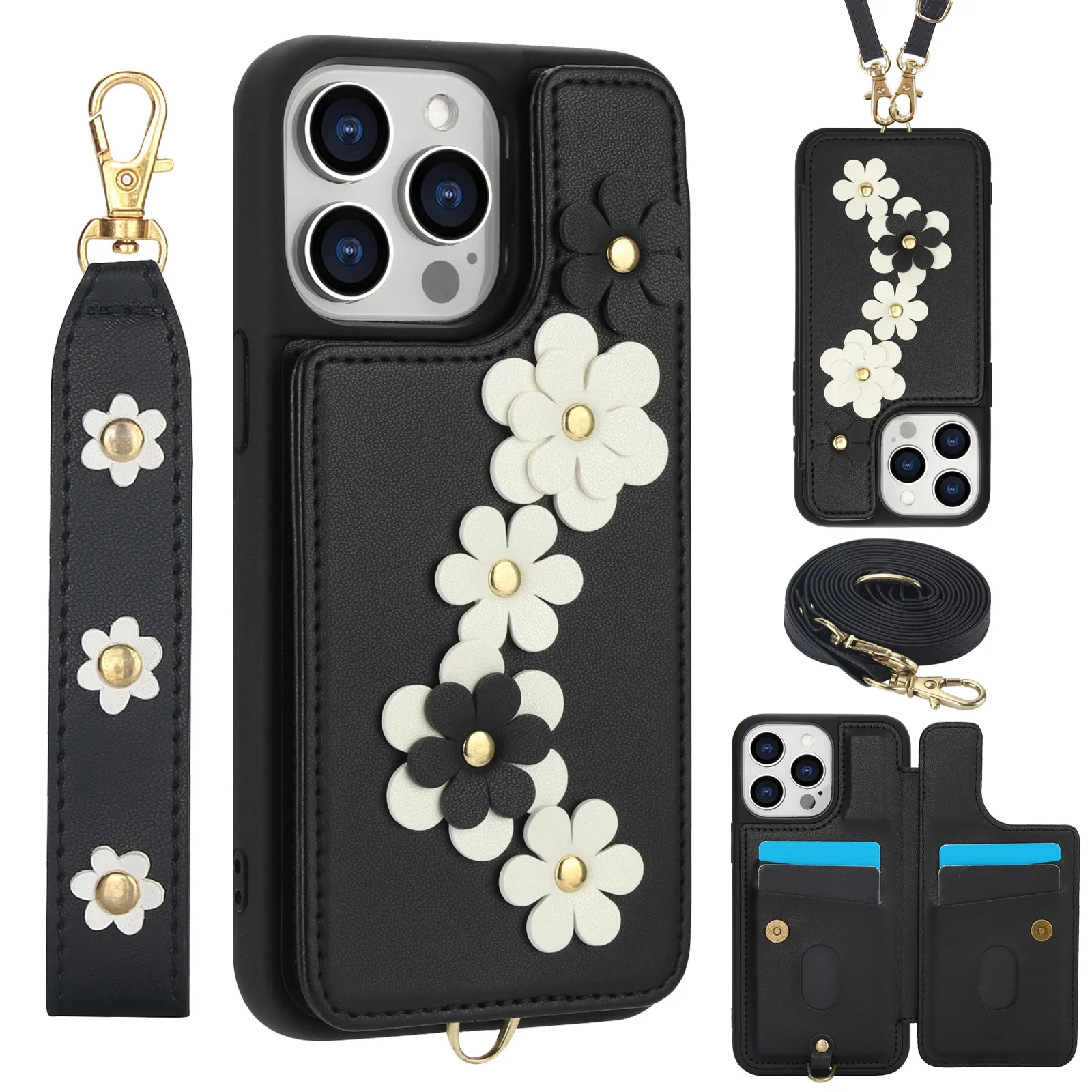 Skulderveske med håndleddsstropp og blomstermotiv til iPhone 16 15 14 13 12 11 Plus Pro Max XS XR X 7 8 Lommebok med kortholderdeksel_voghion.com