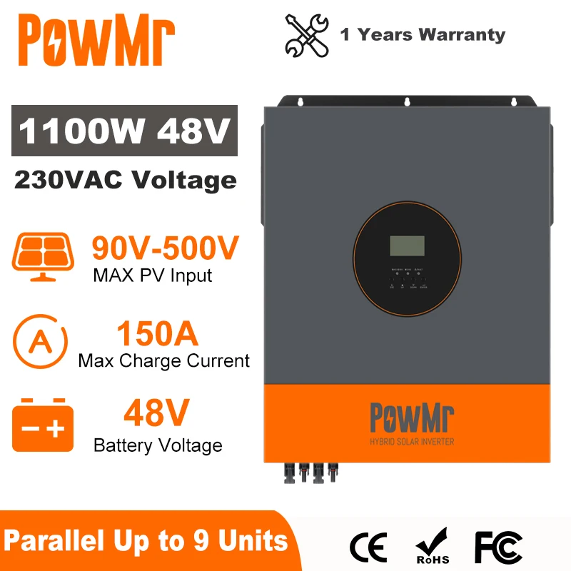 PowMr 11KW Hybrid Solar Inverter 48V 220V Off Grid อินเวอร์เตอร์ MPPT 150A Charger ทํางานไม่มีแบตเตอรี่ Parallel สูงสุด 9 หน่วย 1