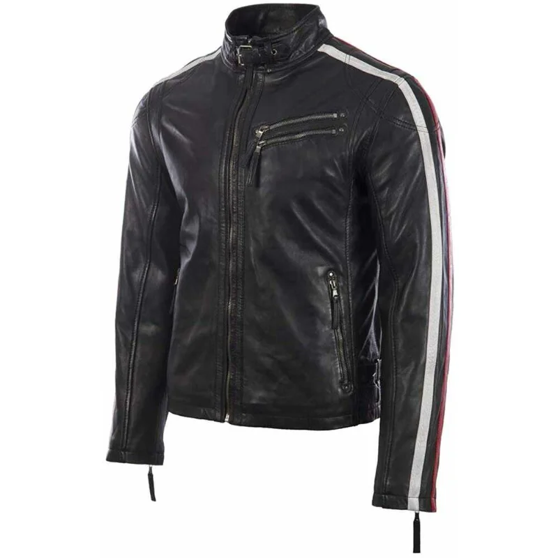 Men's Smooth Leather Black Jackets Biker Leather Jacket with Red&white Strip Leather Jacket Men