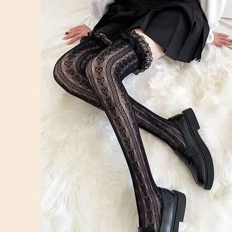 Women Sexy Lace Top Floral Rattan Fishnet Stockings Long Tube Mesh Over Knee Body Stockings Thigh High Hosiery Goth Long Socks