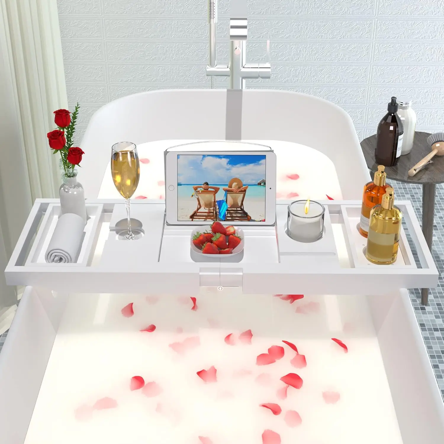 Expandable and Foldable Bath Tray for Tub, Luxury Bamboo Bath Caddy Tub Table, Bathtub Accessories with Book Holder and Free