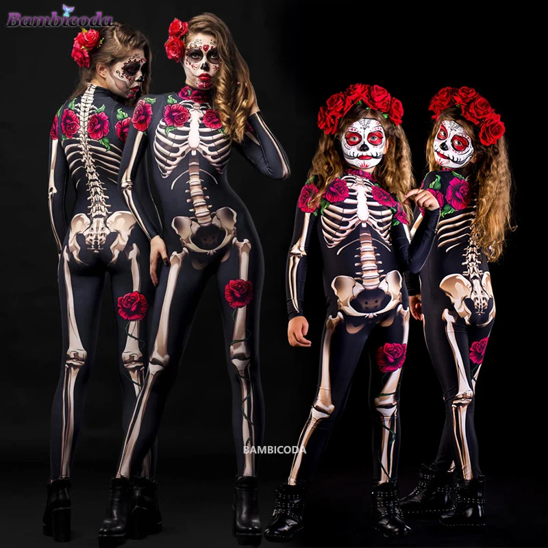 

Halloween Scary Cosplay Adult Kids Rose Skeleton Scary Costume Sex Jumpsuit Carnival Party Women Girl Fright Set Day Of The Dead