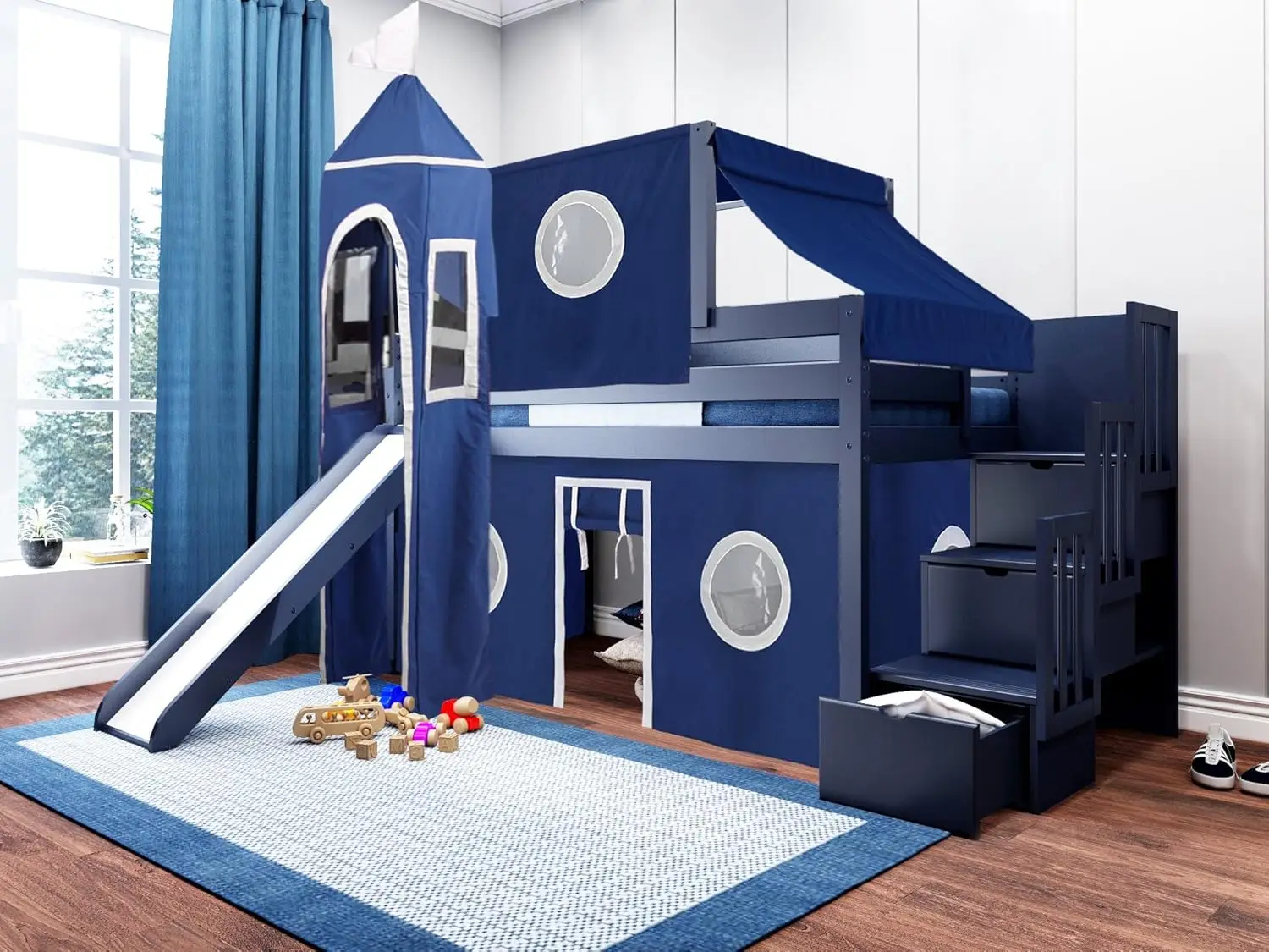 Castle Low Loft Stairway Bed with Slide Blue & White Tent and Tower Loft Bed Twin Suitable for Attic Beds Stairs Slides Only