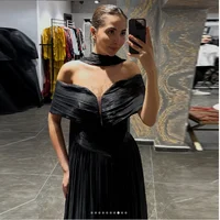 CustomizedOff The Shoulder Arabic Evening Dress Pleats Crepe Floor Length Muslim Prom Wedding Party Gowns 3