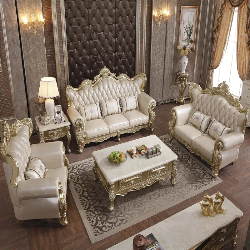 

Champagne Solid Wood Carving European-style Leather Sofa First Layer Cowhide Villa Size and Living Room Combination Couches