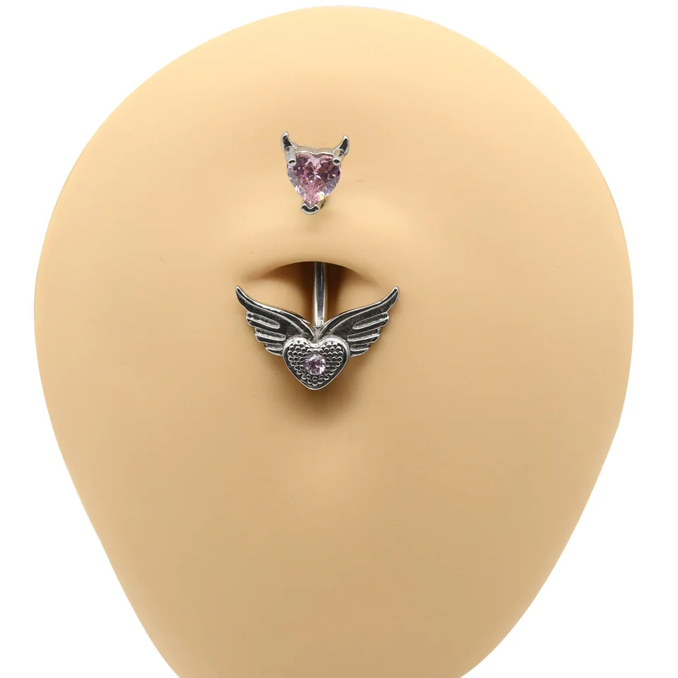 DAKLOP Bauchnabelpiercing Mit Herzflügel-Design - Rosa Strass Edelstahl 10mm