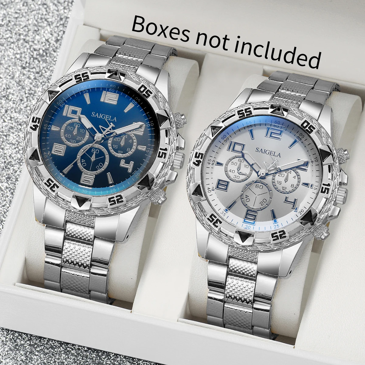 2Pcs/Set Fashion Men's Handsome Watch Hip Hop Fake Three Eyes Round Case Steel Belt Quartz Watch Set (Box Not Included)